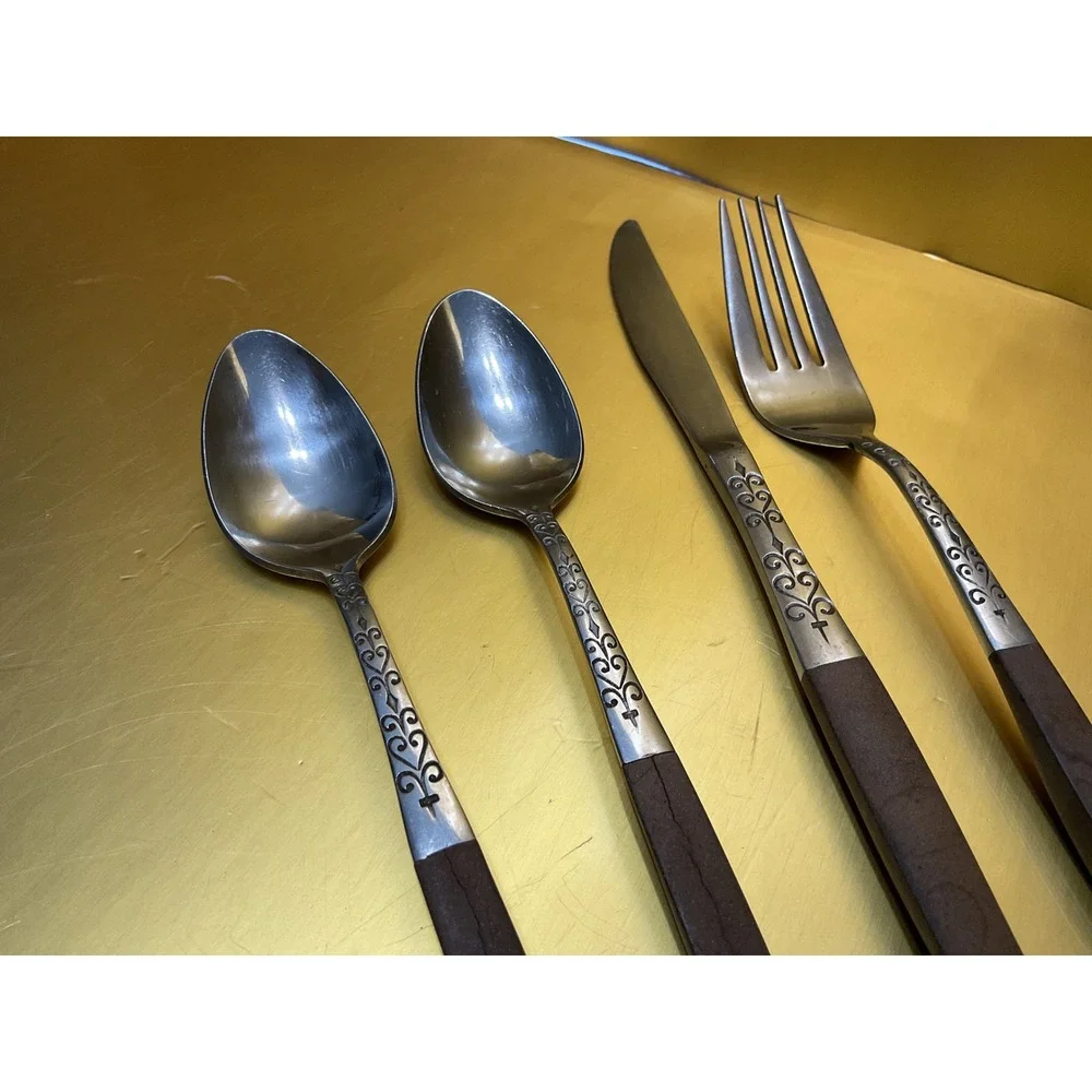 Interpur Japan Stainless Flatware Brown Faux Wood Handle Scroll 4pc Set Spoons